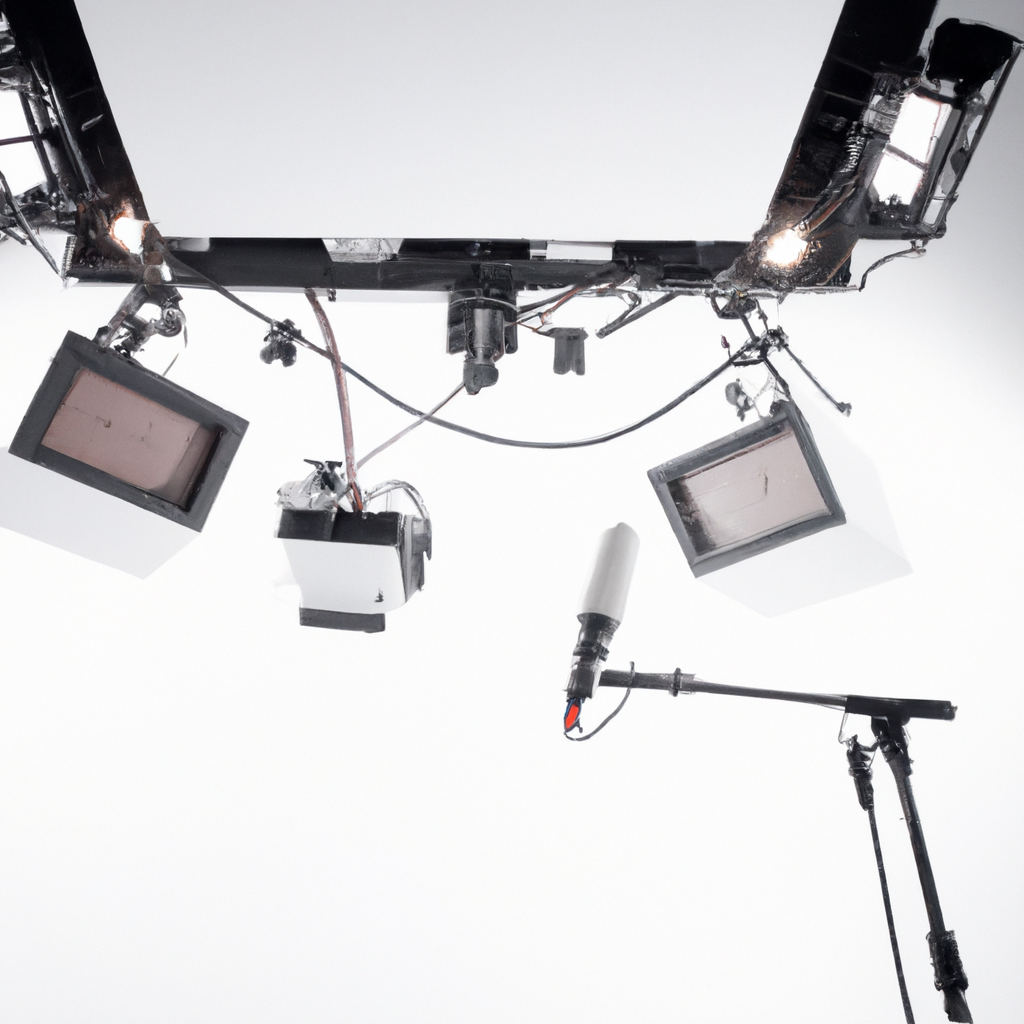 Minimalist broadcast news studio with lighting grid, teleprompter, acoustic panels, and 4K cameras